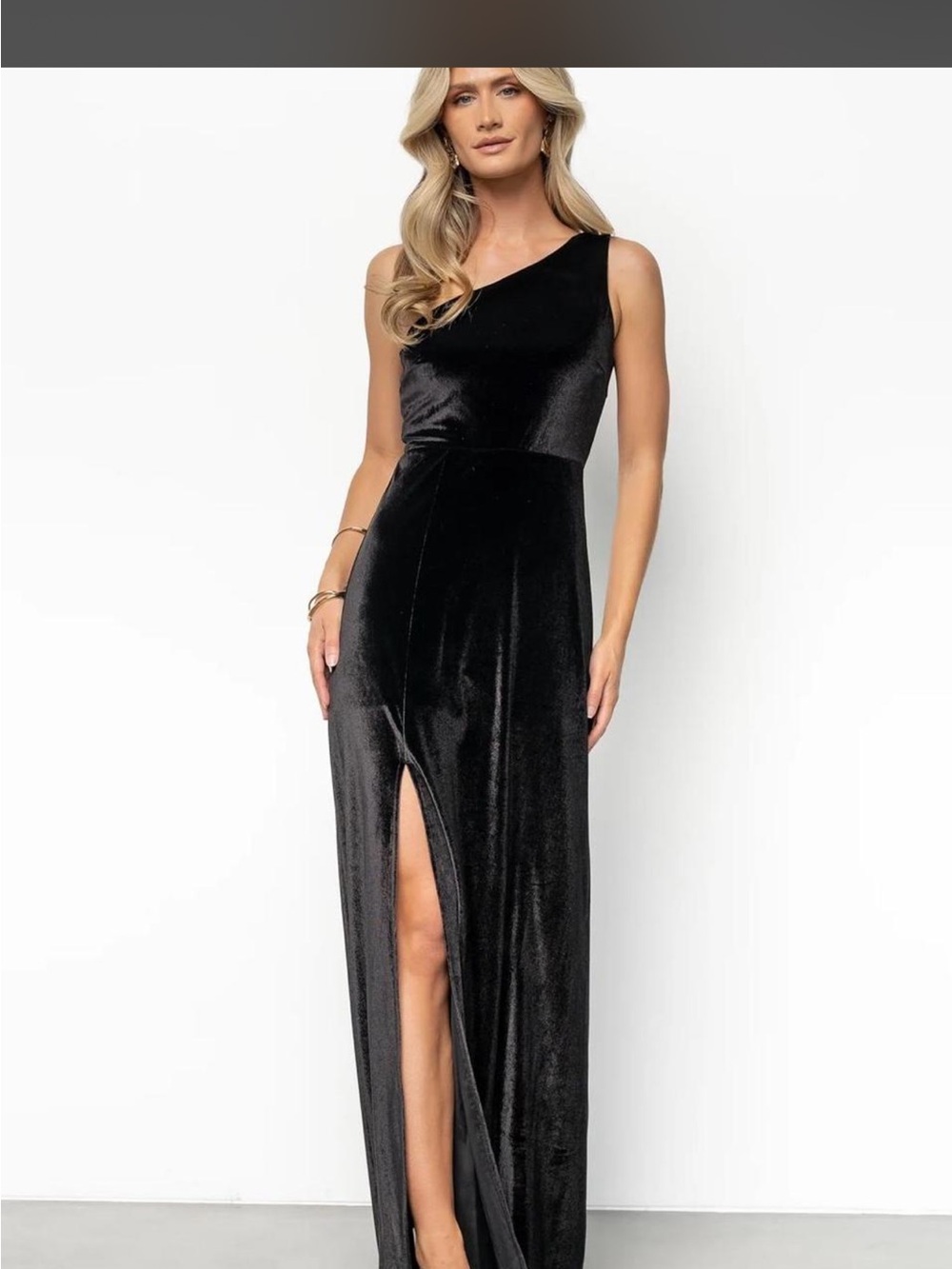 Baltic Born Black One-Shoulder Velvet Maxi Dress with Front Slit